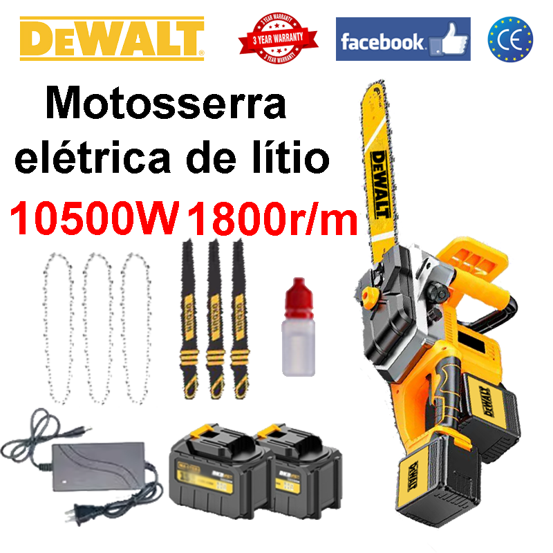 [Versão superior da motosserra elétrica Dewalt] 10500W + 1800 velocidades + bateria grátis 5,0Ah * 2 (pode ser usada por 10 horas) + carregador grátis + corrente grátis *3 + placa guia grátis *3 + óleo lubrificante grátis